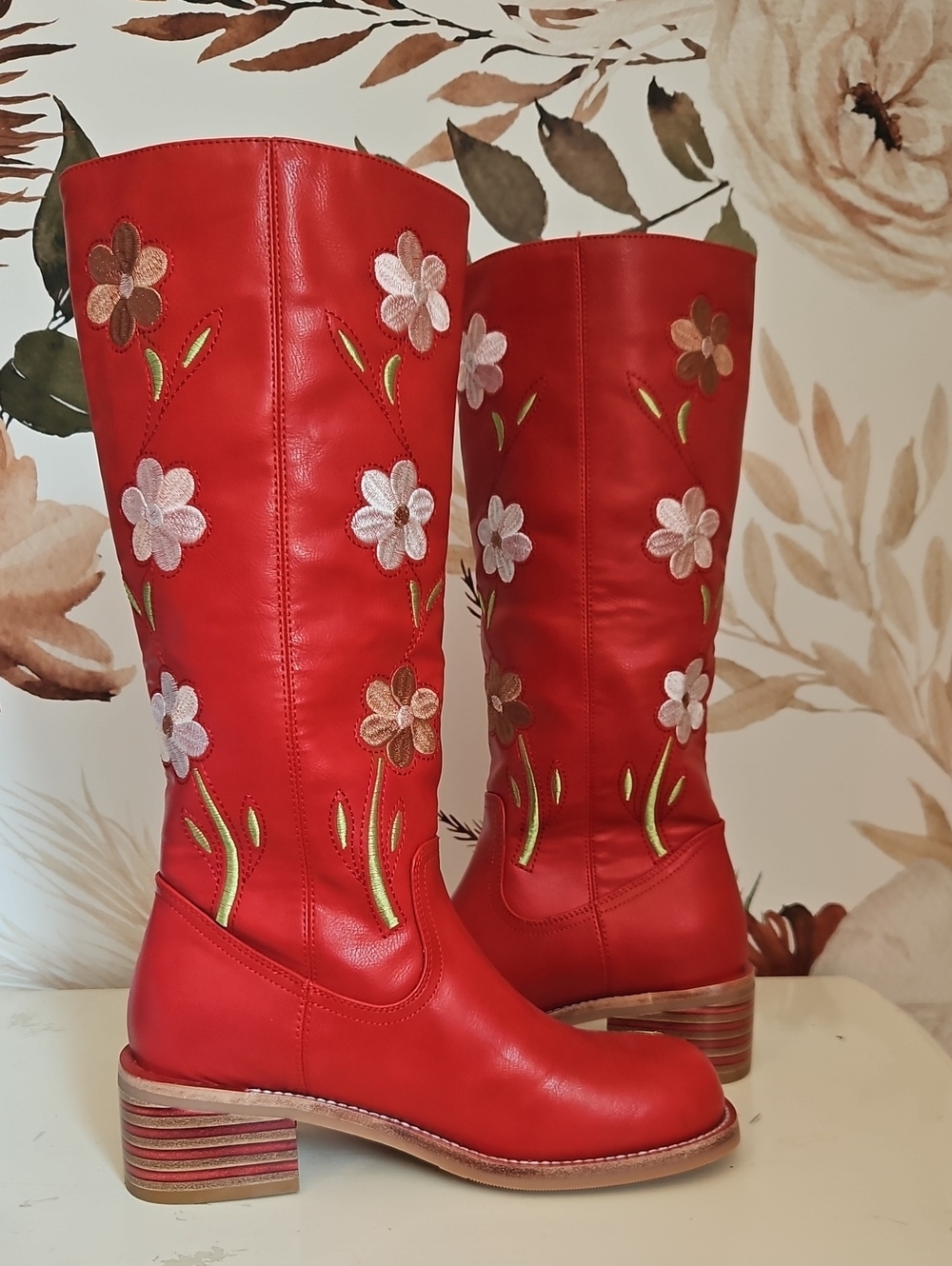 Tomato Red Floral Embroidered Campus Style Boots, Faux Leather, 8, NWOB - Picture 4 of 11
